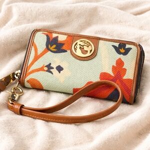 Spartina 449 Floral Zip Wristlet Wallet | Linen Canvas & Leather